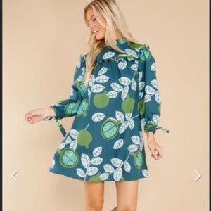 Olivia James the Label Emma Mini Dress Green Teal Leaf Print Size S Artsy